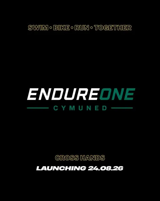 Black launch poster with the EndureOne Cymuned wordmark and the words swim, bike, run, together, Cross Hands, launching 24.08.26