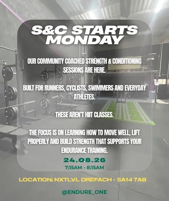 Gym photo with text announcing coached strength and conditioning at NXTLVL Drefach from 24 August