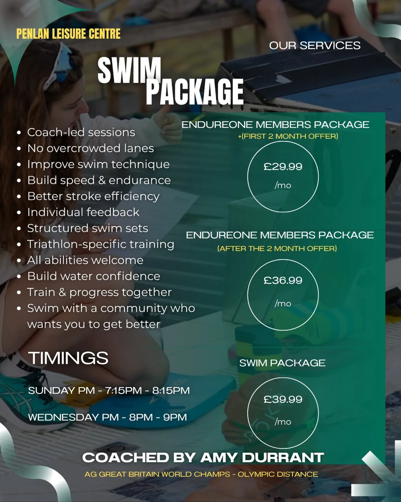 Swim package graphic listing coach-led sessions at Penlan Leisure Centre, timings and member prices